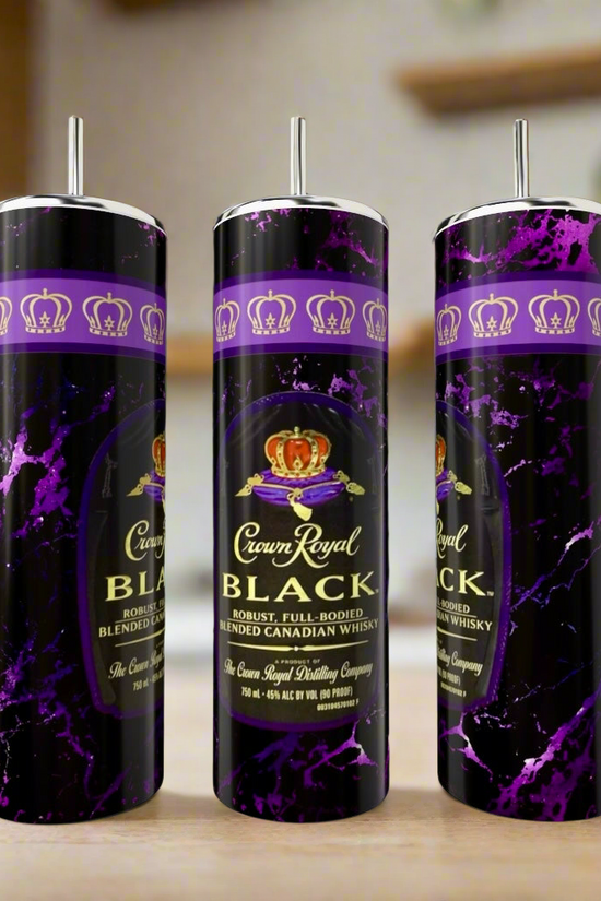 Kreative Kreationz Crown Black 20oz Tumblers feature a luxury black and purple marble design with Crown Royal Black logo and crown motifs. The stainless steel tumblers include straws and are displayed on a kitchen counter.
