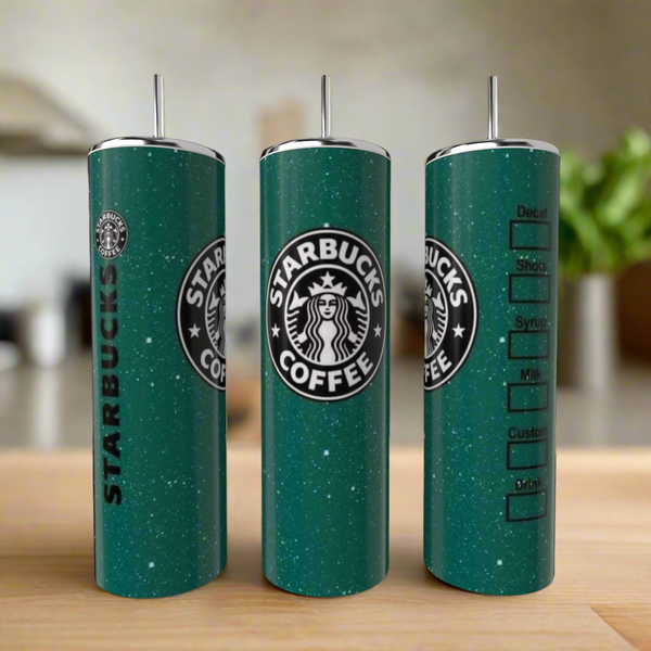 Three tall, green Starbucks 20 ounce skinny tumblers by Kreative Kreationz are displayed on a wooden surface. Each features the Starbucks logo; one has a drink customization checklist and an eco-friendly silver lid with straw.