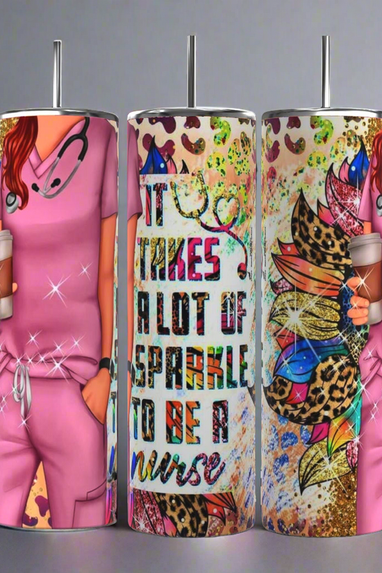 The set includes three 20 oz tumblers in blue from Kreative Kreationz, each adorned with medical-themed designs like stethoscopes, syringes, bandages, and a 