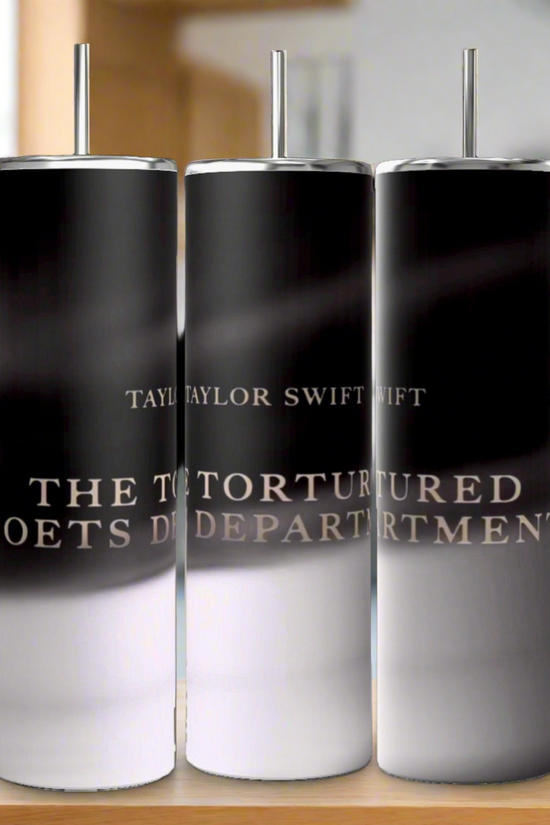 Three 20oz TTPD tumblers by Kreative Kreationz, featuring black and white gradients with metal straws, display 