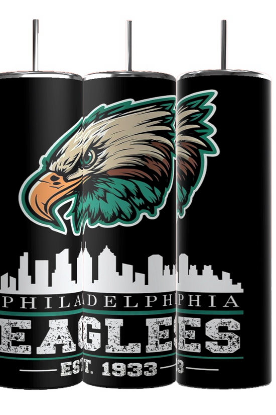 The Kreative Kreationz EAGLES Football 20oz Skinny Tumbler set features a Philadelphia Eagles design with an eagle's head, city skyline, and 
