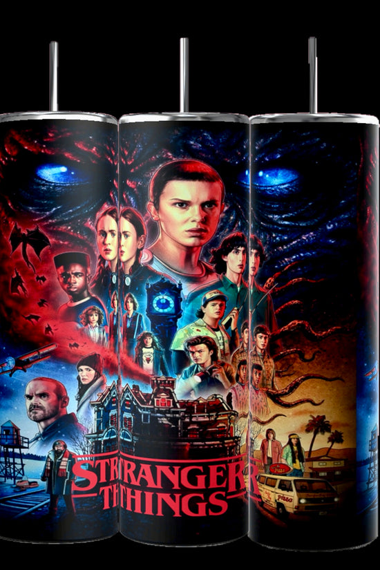 Three Kreative Kreationz Stranger Things 20oz Tumblers showcase vibrant artwork of the Upside Down monster, Hawkins Lab, and iconic scenes, finished with the series title in red—perfect for any Stranger Things fan!.