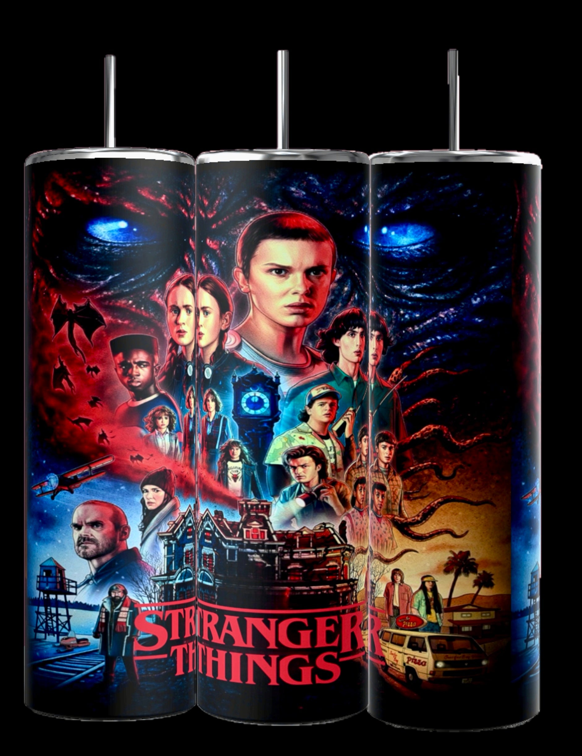 Three Kreative Kreationz Stranger Things 20oz Tumblers showcase vibrant artwork of the Upside Down monster, Hawkins Lab, and iconic scenes, finished with the series title in red—perfect for any Stranger Things fan!.