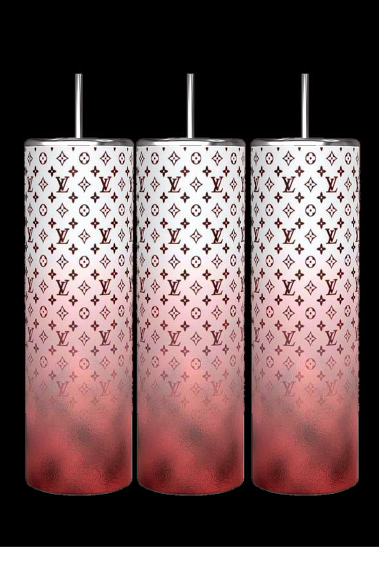 Three LV 20oz Tumblers by Kreative Kreationz are displayed evenly against a black background. Each cylindrical tumbler has a pink gradient with stylized logos, spill-proof silver lids, and is from Louis Vuitton's collection.