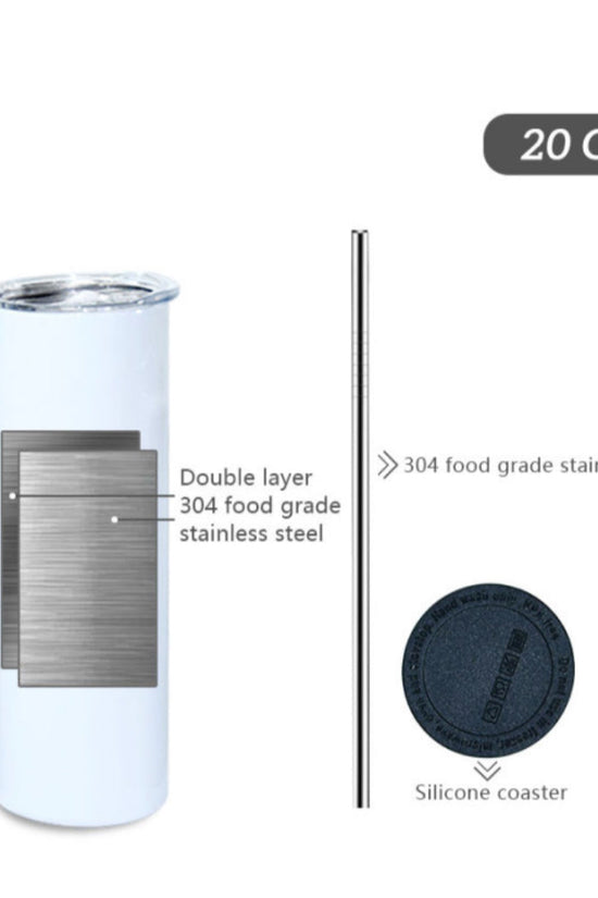 Image of a Dooney and Bourke -Blue 20oz Tumbler by Kreative Kreationz, featuring double-wall insulation and a double layer of 304 food grade stainless steel, highlighted by a magnified section showing its inner structure. Also included are the detachable stainless steel straw and a round silicone coaster.