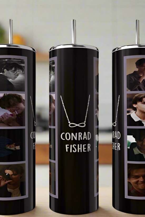 Three eco-friendly Team Conrad Collection 20oz Tumblers by Kreative Kreationz, in tall black stainless steel with photo collages of a young man, “CONRAD FISHER,” and an infinity necklace graphic, add stylish flair to any kitchen counter.