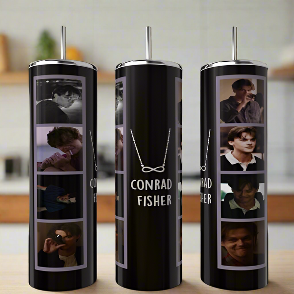 Three eco-friendly Team Conrad Collection 20oz Tumblers by Kreative Kreationz, in tall black stainless steel with photo collages of a young man, “CONRAD FISHER,” and an infinity necklace graphic, add stylish flair to any kitchen counter.