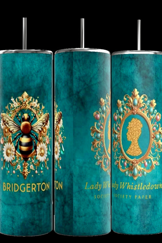 Three Teal Ladies Bridgerton 20oz Stainless Steel Tumblers by Kreative Kreationz feature ornate designs. One boasts a bee over 