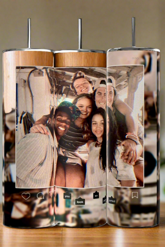 The Kreative Kreationz Outer Banks 20oz Tumblers feature a merged photo of five friends with an Instagram-style frame, stainless steel straws, and wooden lids—eco-friendly drinkware perfect for preserving memories.