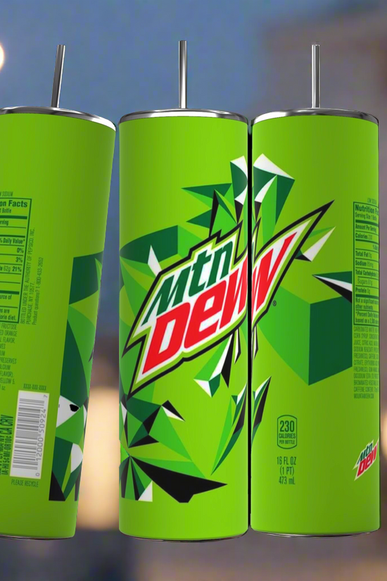 Three cylindrical green soda cans of Mountain Dew are arranged side by side. The cans feature bold white and red Mountain Dew logos and geometric designs. Nutritional information and branding details are visible. Each can is 20 fluid ounces (591 milliliters), perfect to fit in your Kreative Kreationz Mountain Dew Soda 20oz Skinny Tumbler for on-the-go refreshment.