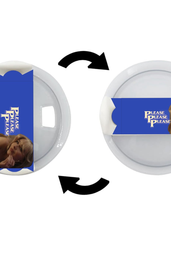 The images depict a circular white object wrapped with a blue band reading 