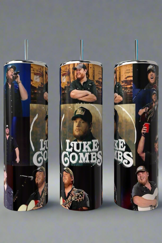 The Kreative Kreationz Luke Combs 20oz Tumbler features stainless steel drinkware with lids and straws, showcasing images of Luke Combs performing on a gradient gray background and his name in bold white letters.