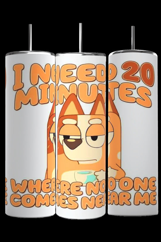 Kreative Kreationz's Bluey Stay Away 20oz Stainless Steel Tumblers are adorned with an illustration of a tired-looking orange and white cartoon dog. The text on the tumbler reads, 