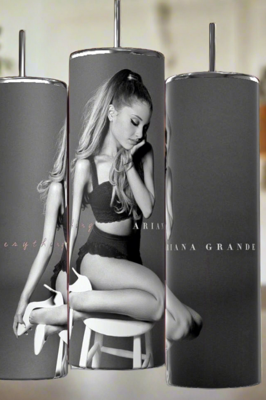 Three Ariana Grande Thank You Next 20oz Stainless Steel Tumblers by Kreative Kreationz feature a black-and-white photo of the singer on eco-friendly drinkware, with 
