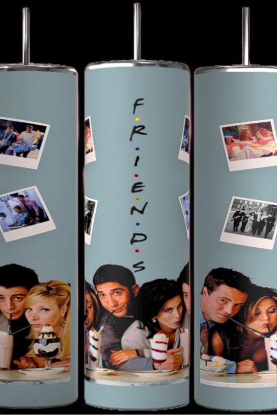Three cylindrical Teal Friends TV Show 20oz Tumblers by Kreative Kreationz feature images from the TV show 