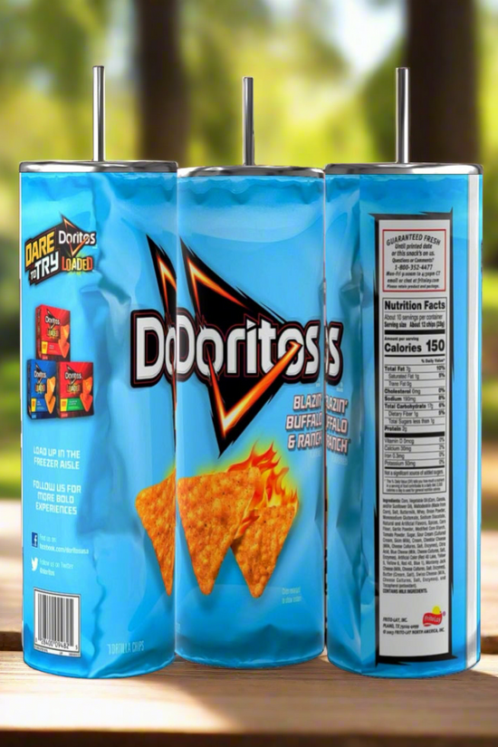 Three Kreative Kreationz Doritos Collection 20oz Stainless Steel Skinny Tumblers, designed to mimic Doritos bags with a blue background and orange logo, feature the Blazin' Buffalo & Ranch flavor. They sit on a wooden surface outdoors against a blurred green and brown backdrop.