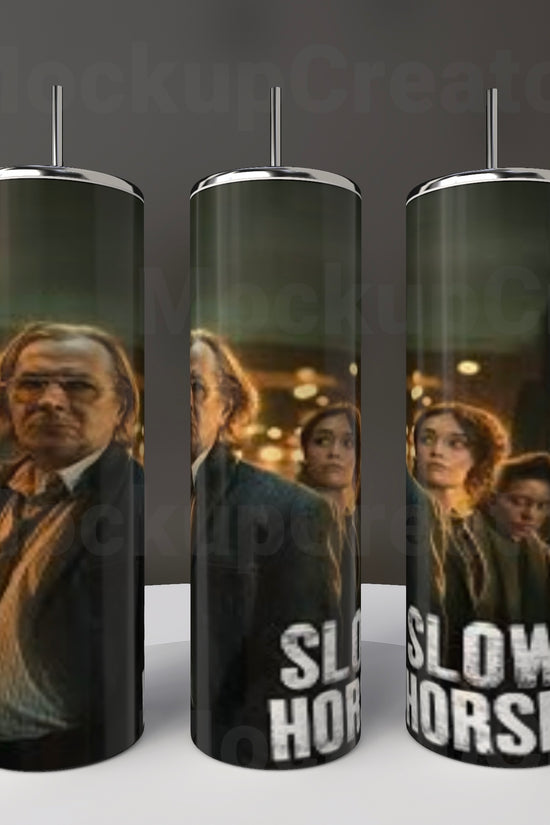 Kreative Kreationz's Slow Horses 20oz stainless steel tumblers showcase a sublimated design resembling a movie poster, featuring formal-clad figures against a dark, moody backdrop.