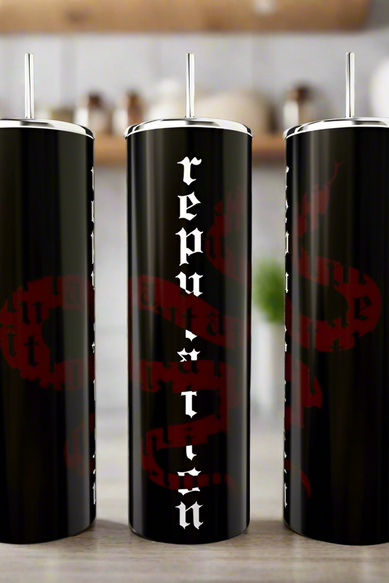Three tall black REP Snake 20oz Skinny Tumblers by Kreative Kreationz, each with spill-proof lids and metal straws, feature 