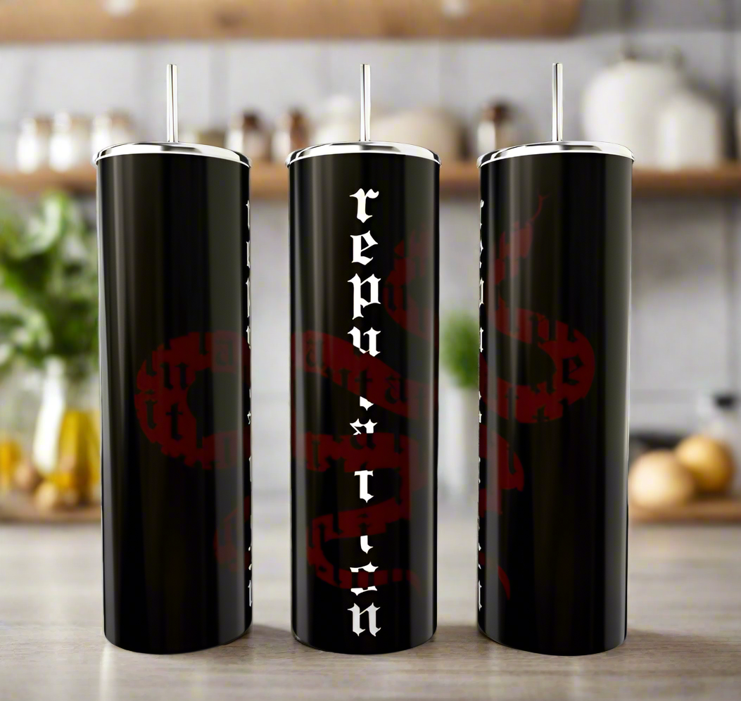 Three tall black REP Snake 20oz Skinny Tumblers by Kreative Kreationz, each with spill-proof lids and metal straws, feature "reputation" in white Gothic text on the center cup and a red snake design winding over all three.