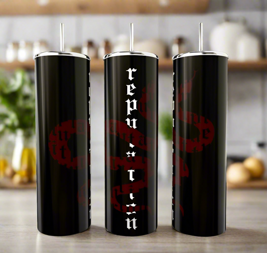 Three tall black REP Snake 20oz Skinny Tumblers by Kreative Kreationz, each with spill-proof lids and metal straws, feature "reputation" in white Gothic text on the center cup and a red snake design winding over all three.