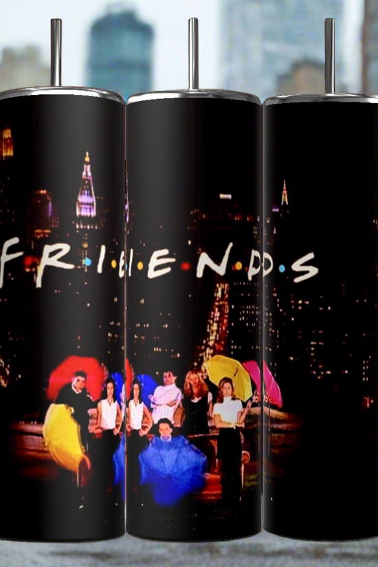 Friends TV show 90s sitcom showing the cast with colorful umbrellas and the word “friends” written across the top in their signature font