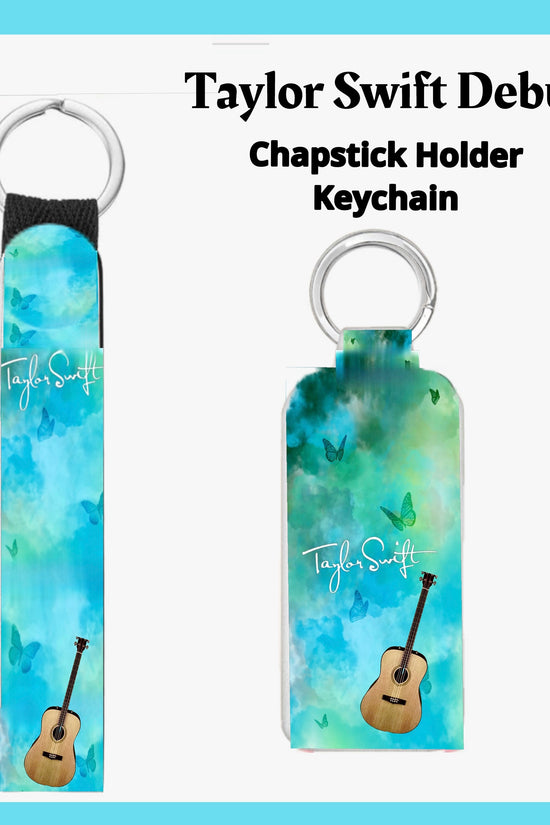 This vibrant Taylor Swift Debut Chapstick Keychain Holder by Kreative Kreationz has a blue-green gradient, 