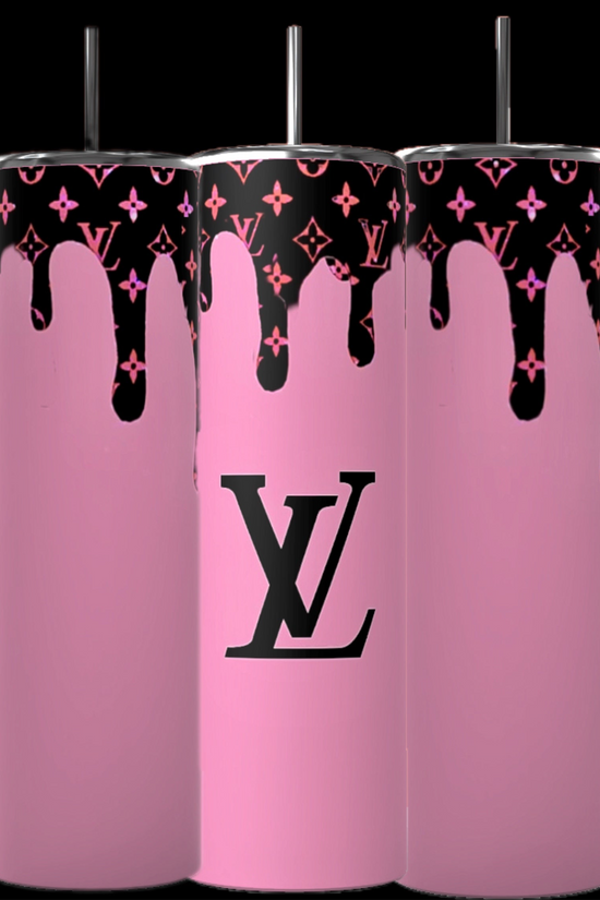 The set includes three Louis Vuitton Drip 20oz Skinny Tumblers by Kreative Kreationz in pink with a black dripping paint design, monogram pattern, and prominent logo. Each glossy and sleek tumbler has a black straw, combining luxury-inspired elegance with an eco-friendly touch.