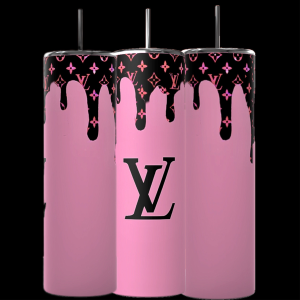 The set includes three Louis Vuitton Drip 20oz Skinny Tumblers by Kreative Kreationz in pink with a black dripping paint design, monogram pattern, and prominent logo. Each glossy and sleek tumbler has a black straw, combining luxury-inspired elegance with an eco-friendly touch.