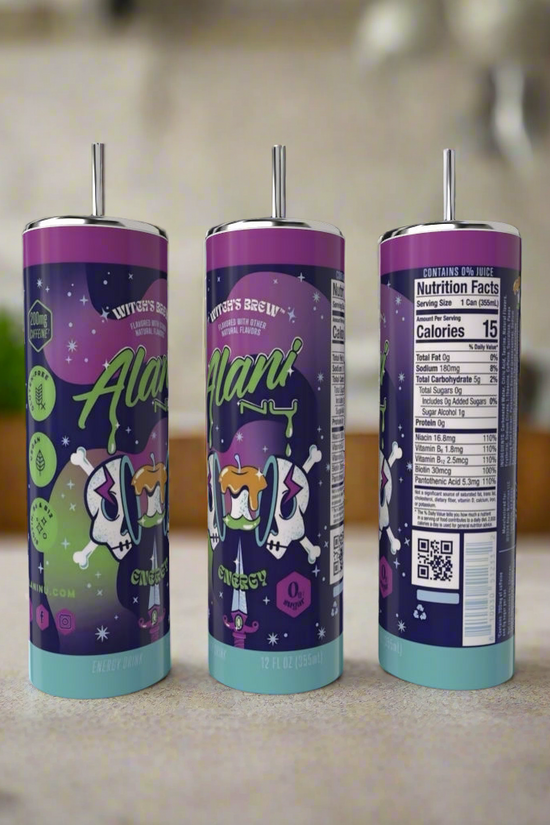 Three Alani Nu energy drinks with vibrant purple and aqua cans sit on a kitchen counter beside a 20oz Kreative Kreationz tumbler, offered in various colors and flavors. A softly blurred background enhances the scene's inviting charm.