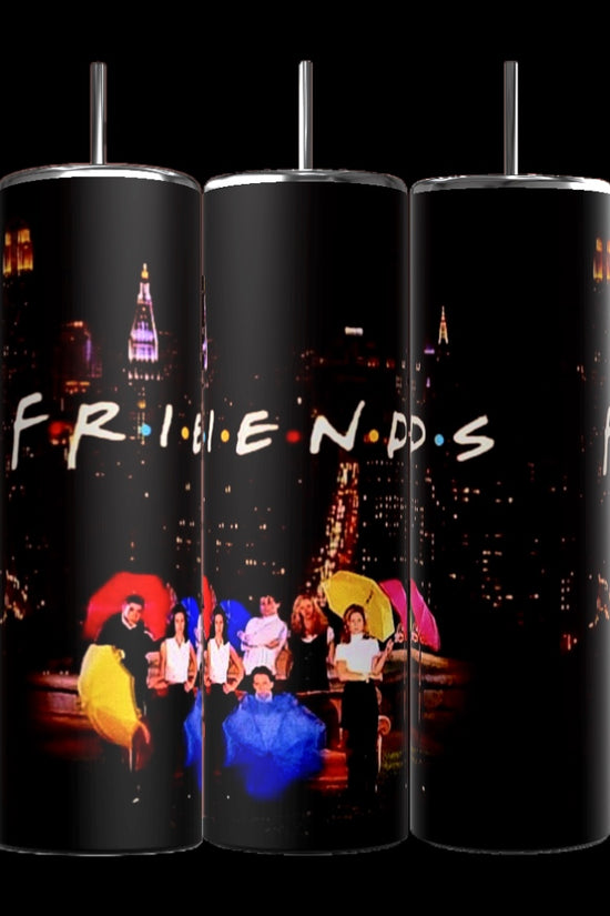 Three black Friends Tv Show 20oz Tumblers-Umbrella by Kreative Kreationz are decorated with the 