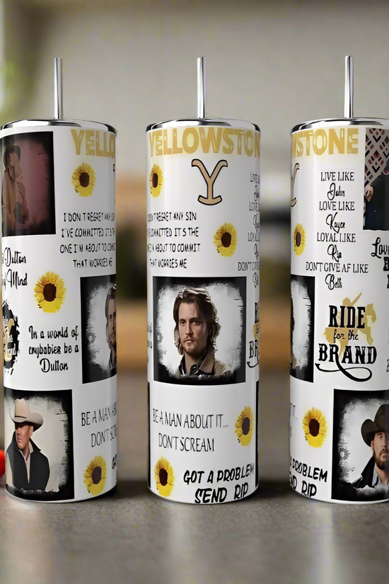 Three Kreative Kreationz Yellowstone 20oz Tumblers, made from stainless steel, feature show-inspired designs with characters, sunflowers, quotes, and the Yellowstone Ranch logo. They’re displayed on a kitchen counter with blurred produce in the background.