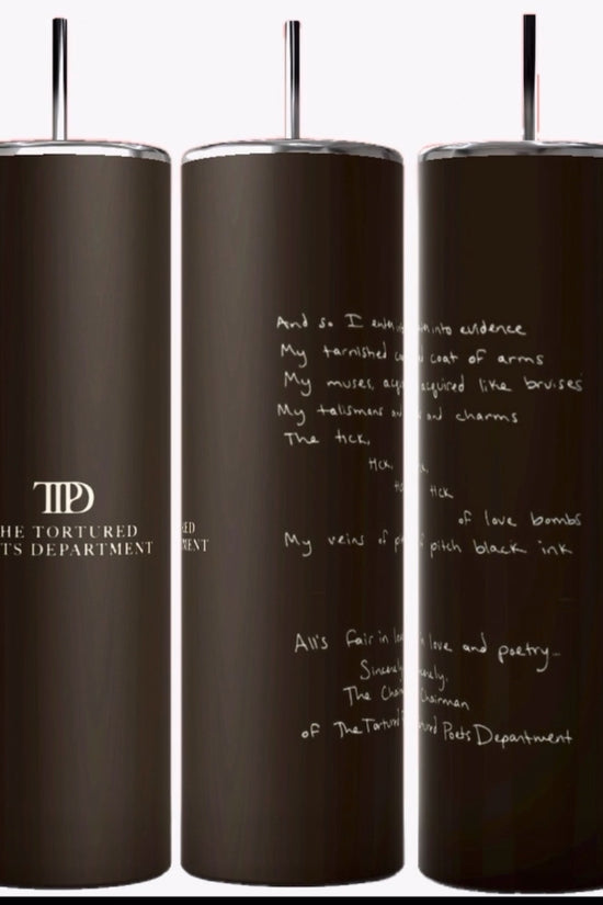 Three TTPD Lyrics 20oz Tumblers by Kreative Kreationz are displayed side by side, each featuring an image of a pensive woman. Overlaying the image, the text reads 