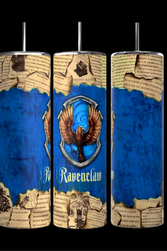The Harry Potter Collection 20oz Tumblers by Kreative Kreationz come in a set of three insulated cups featuring a blue, worn texture with a raven emblem and 