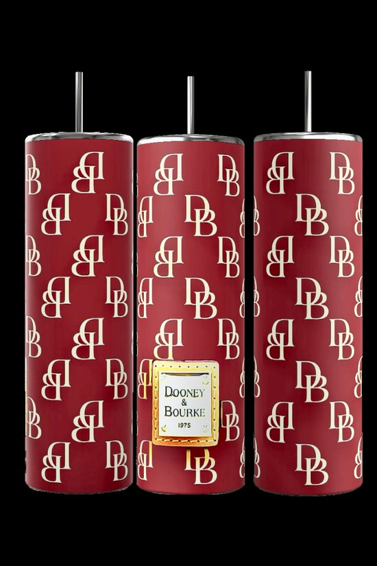 The D&B 20oz Tumbler set from Kreative Kreationz includes three tall, cylindrical tumblers adorned with burgundy and white 