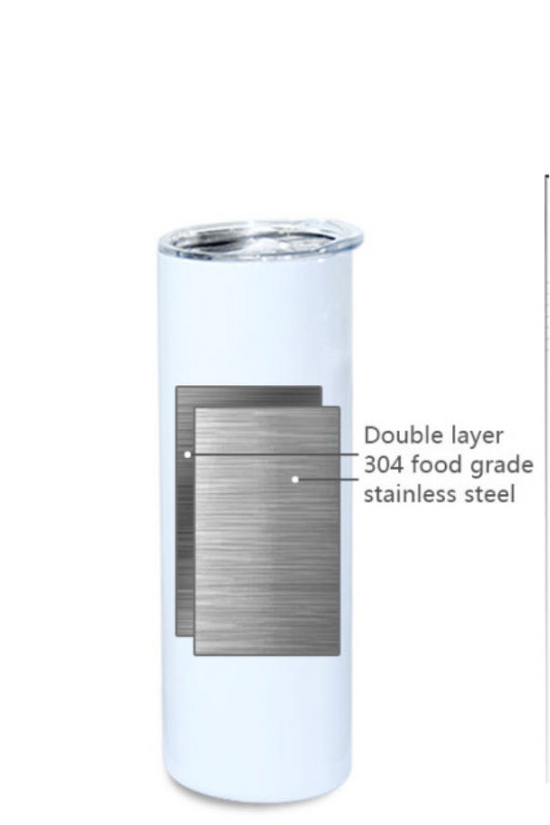 Displayed is the Stitch Glitter 20oz Tumbler by Kreative Kreationz, featuring a tall, cylindrical design with a white exterior. An illustration highlights its double-layered construction made from 304 food-grade stainless steel and its capacity of 20 ounces.