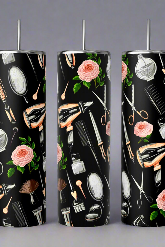 Kreative Kreationz's Hairstylist 20oz Tumblers, with elegant black backgrounds, featuring pink roses, green leaves, and chic patterns of scissors, combs, hair dryers, brushes, and mirrors for a vibrant touch.