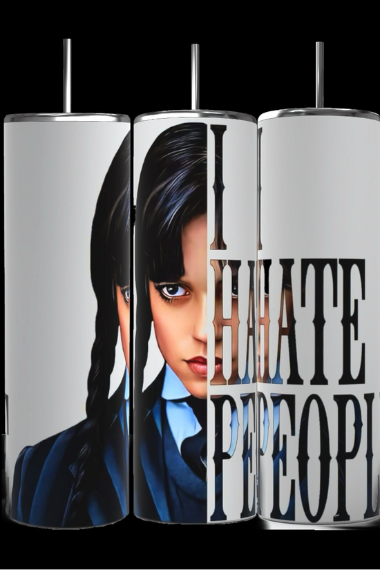 The image features three WEDNESDAY tumblers by Kreative Kreationz, each showing a girl in a blue outfit with braided hair. The 20oz tumbler in the center says 