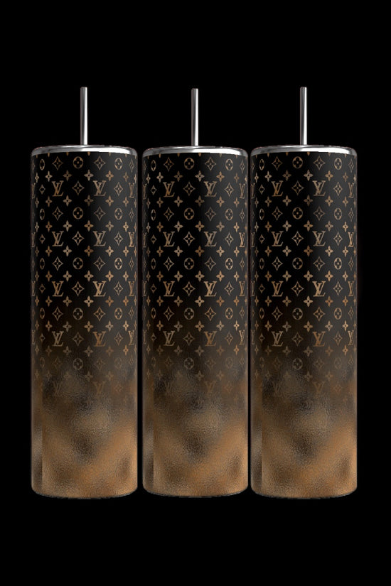 Three LV 20oz Tumblers by Kreative Kreationz, each with a sleek black background and featuring a white and gradient red design with metallic straws. These cylindrical tumblers are adorned with Louis Vittin's iconic overlapping symbols and initials, showcasing durable construction while offering a 20 oz capacity.