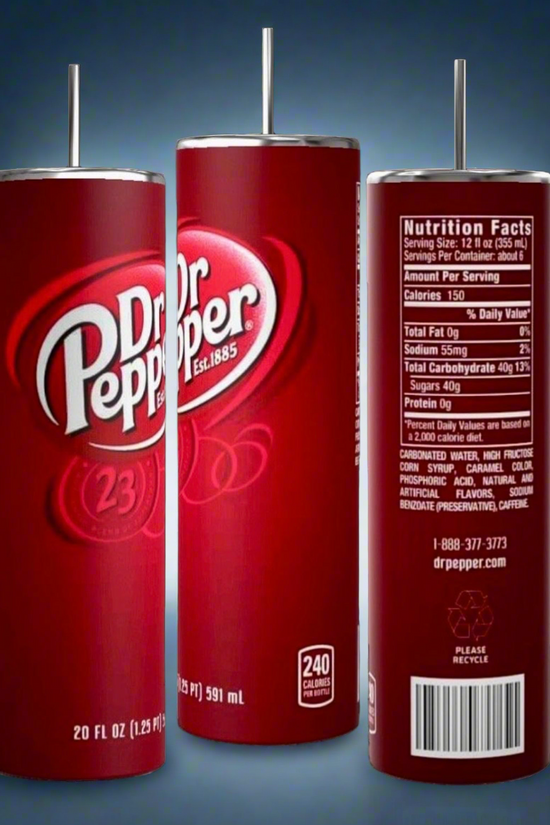Three Kreative Kreationz Dr Pepper 20oz Tumblers, styled like classic Dr Pepper Cola cans, are displayed against a gradient background. The maroon tumblers feature the iconic logo, nutritional facts on one, and a hint of another with the spill-proof lid and reusable straw design.