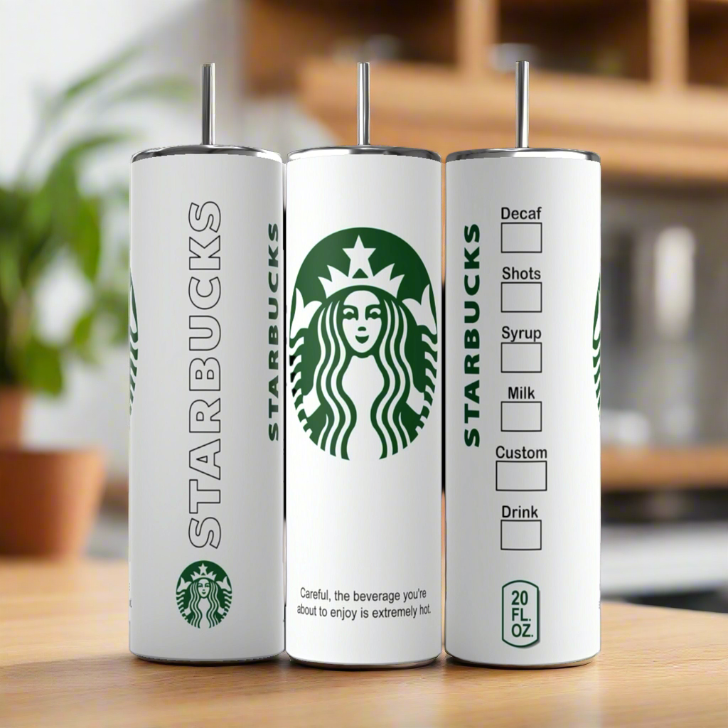 Three white Kreative Kreationz Starbucks Hot Cup 20 ounce skinny tumblers with metal straws rest on a wooden surface, featuring the Starbucks logo and customizable drink checkboxes in classic cup style.