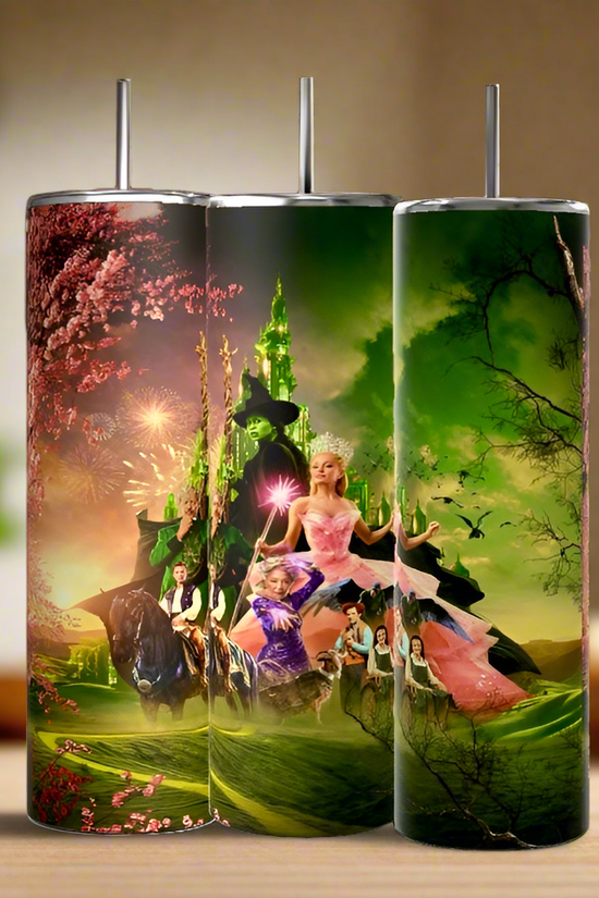 Three 20oz Wicked Skinny Tumblers by Kreative Kreationz feature a vibrant fantasy scene with a pink castle, fireworks, and medieval figures with horses. The design includes lush landscapes in green and pink hues. These insulated tumblers perfectly maintain your drink's temperature.