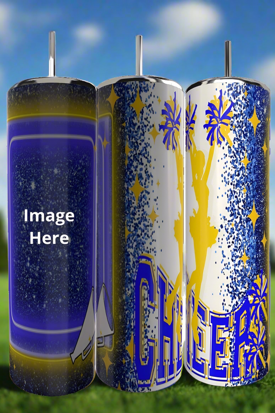 Three Kreative Kreationz Cheer 20oz Tumblers are outdoors: one customizable with 