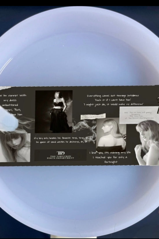 The TTPD Collage Stanley Lid Plate/Topper by Kreative Kreationz showcases a black-and-white photo of a woman in various poses with resilience text and 