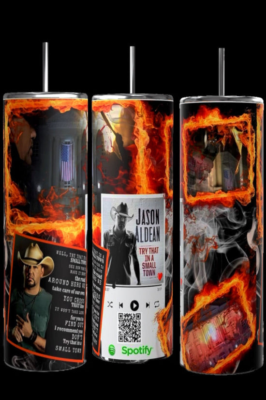 Kreative Kreationz offers three stainless steel tumblers with fiery musical artist designs. The Jason Aldean 20oz Tumbler features unique artist photos and text, plus an eco-friendly QR code with a Spotify logo on one tumbler.