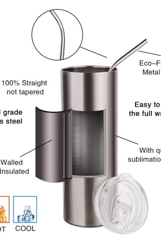 The Red Bull Stainless Steel 20oz Tumbler by Kreative Kreationz comes with a metal straw and offers double-walled vacuum insulation along with a sublimation coating. Descriptive labels emphasize its eco-friendly straw, straight design, spill-proof lid, and outstanding ability to retain both hot and cold temperatures.
