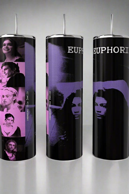 Discover Kreative Kreationz's eco-friendly Euphoria 20oz Tumblers, featuring luxury-inspired designs. The left displays pink-tinted portraits, the middle showcases abstract purple and black art, and the right bears 