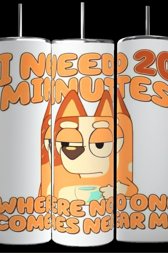 Kreative Kreationz's Bluey Stay Away 20oz Stainless Steel Tumblers are adorned with an illustration of a tired-looking orange and white cartoon dog. The text on the tumbler reads, 