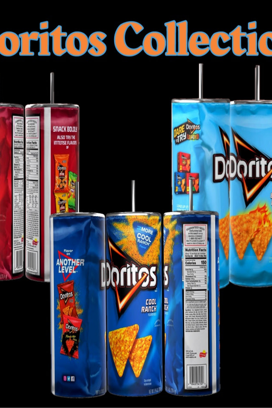 An image showcases two Kreative Kreationz Doritos bacho 20oz Stainless Steel Skinny Tumblers with vibrant graphics of Nacho Cheese and Cool Ranch flavors. 