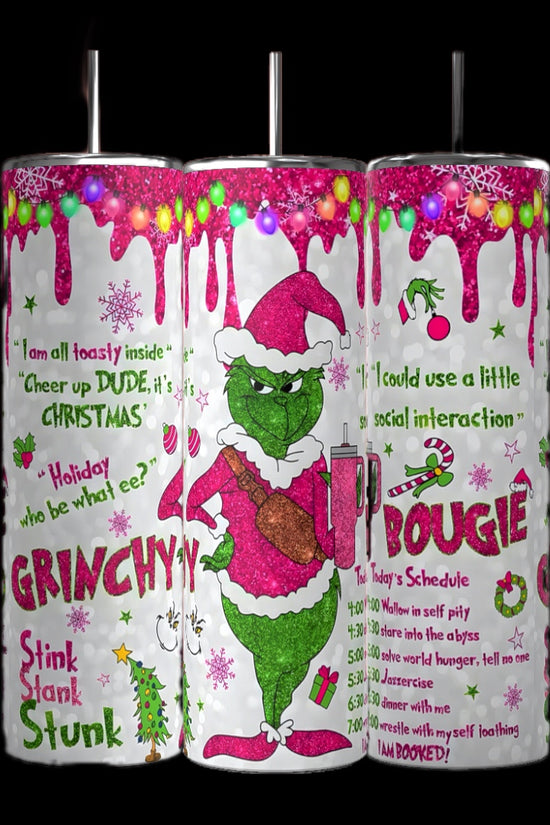 The Grinch Bougie Christmas 20oz Tumblers by Kreative Kreationz feature a green character in a Santa outfit, playful phrases like 