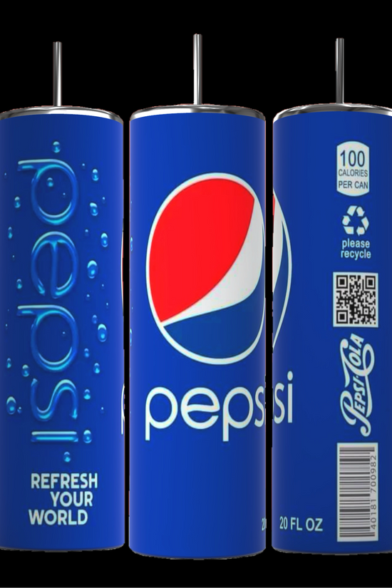 Three blue Pepsi-styled tumblers are displayed. The front tumbler features the iconic Pepsi logo with a red, white, and blue design. The left tumbler displays 